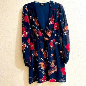 Lulu's a Wrap Navy Blue Floral Print Long sleeves Dress Size S